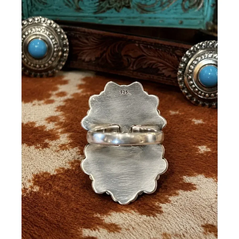 Gorgeous Turquoise Ring With Large Orange Spidy Teardrop Set In Sterling Silver
